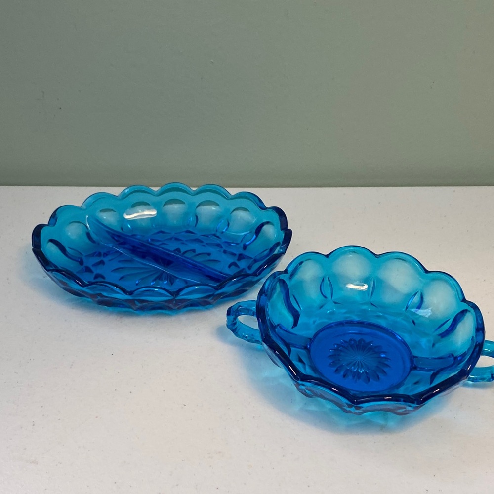 Vintage Anchor Hocking Blue Fairfield Glass Serving Dishes Set